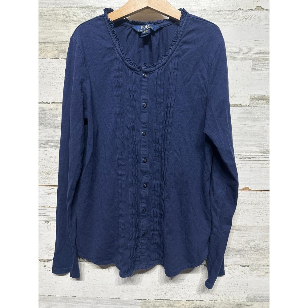 Polo Ralph Lauren Button Down Girls XL 16 Navy Blue Ruffle Trim Top EUC‎